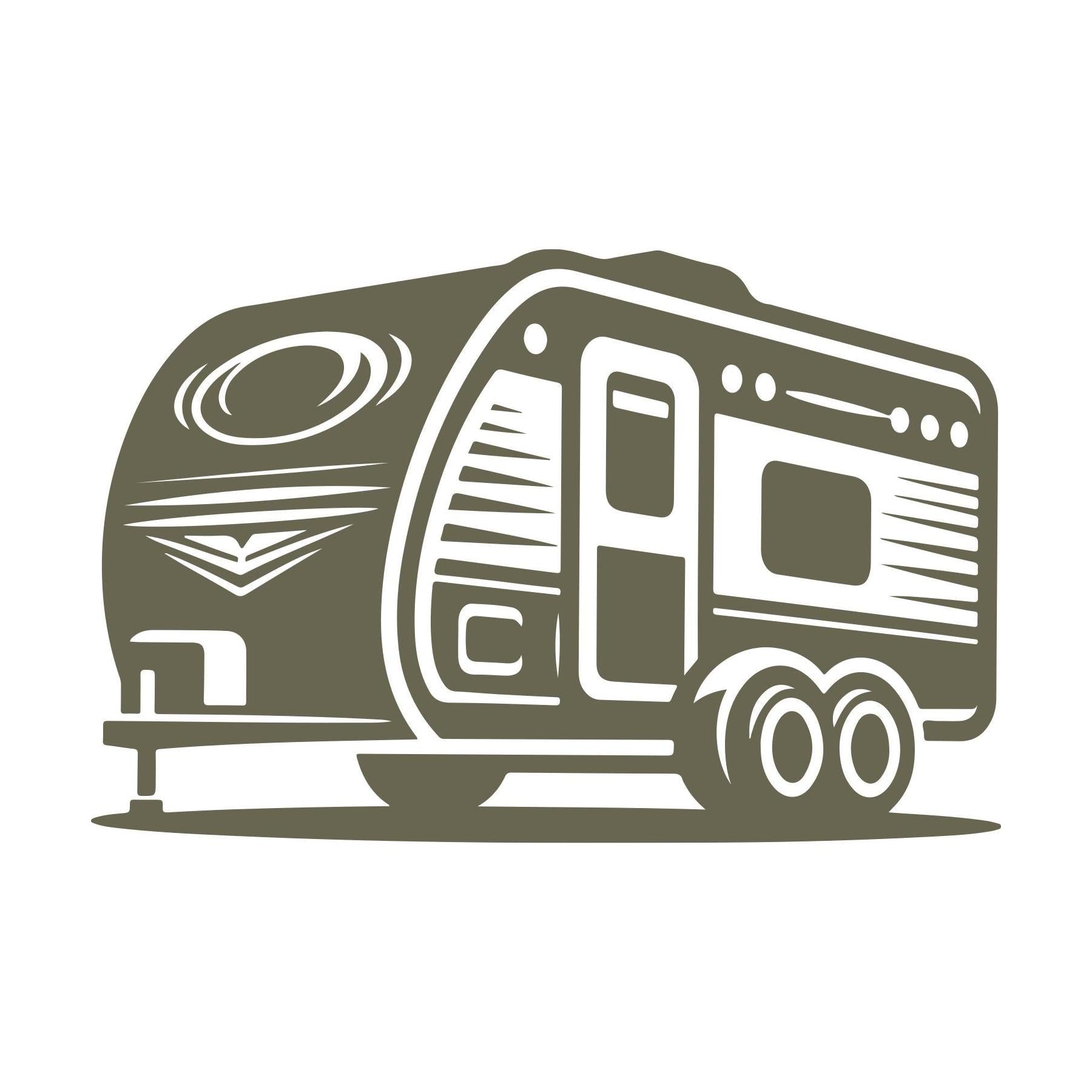 Delrin leather stamp design of a vintage travel trailer with dual wheels and mid-century detailing.