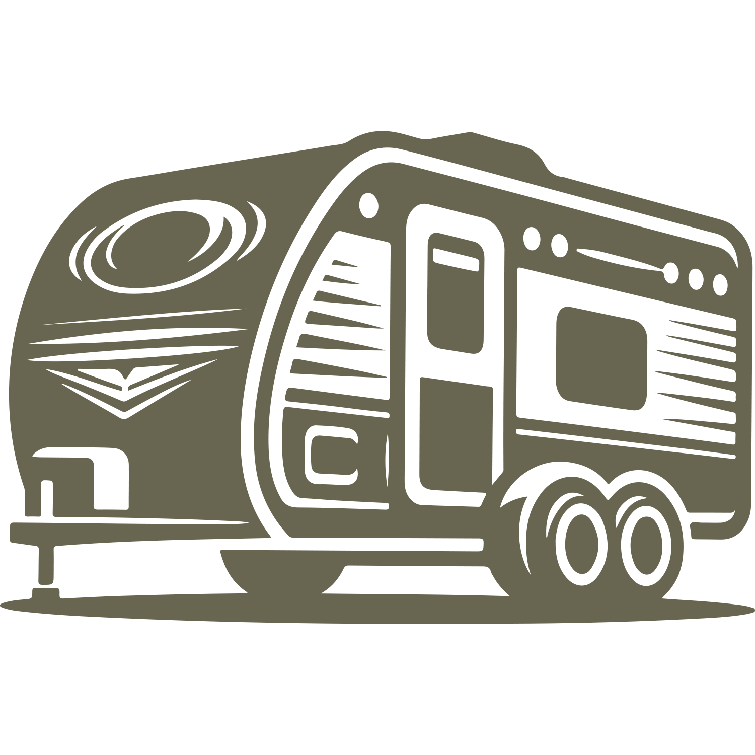 Delrin leather stamp design of a vintage travel trailer with dual wheels and mid-century detailing.
