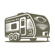 Delrin leather stamp design of a vintage travel trailer with dual wheels and mid-century detailing.