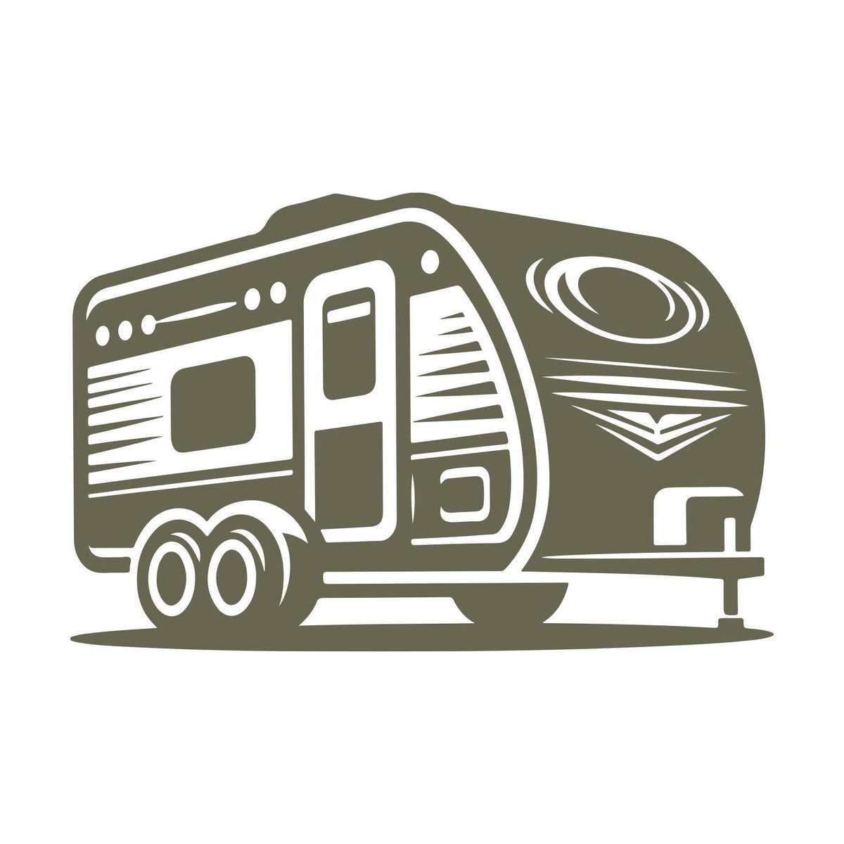 Delrin leather stamp design of a vintage travel trailer with dual wheels and mid-century detailing.