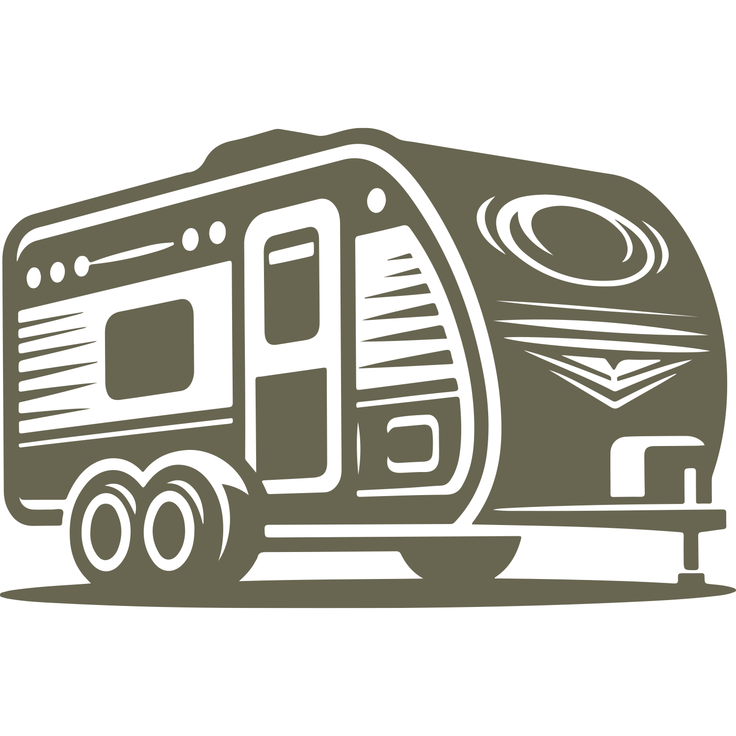 Delrin leather stamp design of a vintage travel trailer with dual wheels and mid-century detailing.