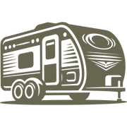 Delrin leather stamp design of a vintage travel trailer with dual wheels and mid-century detailing.