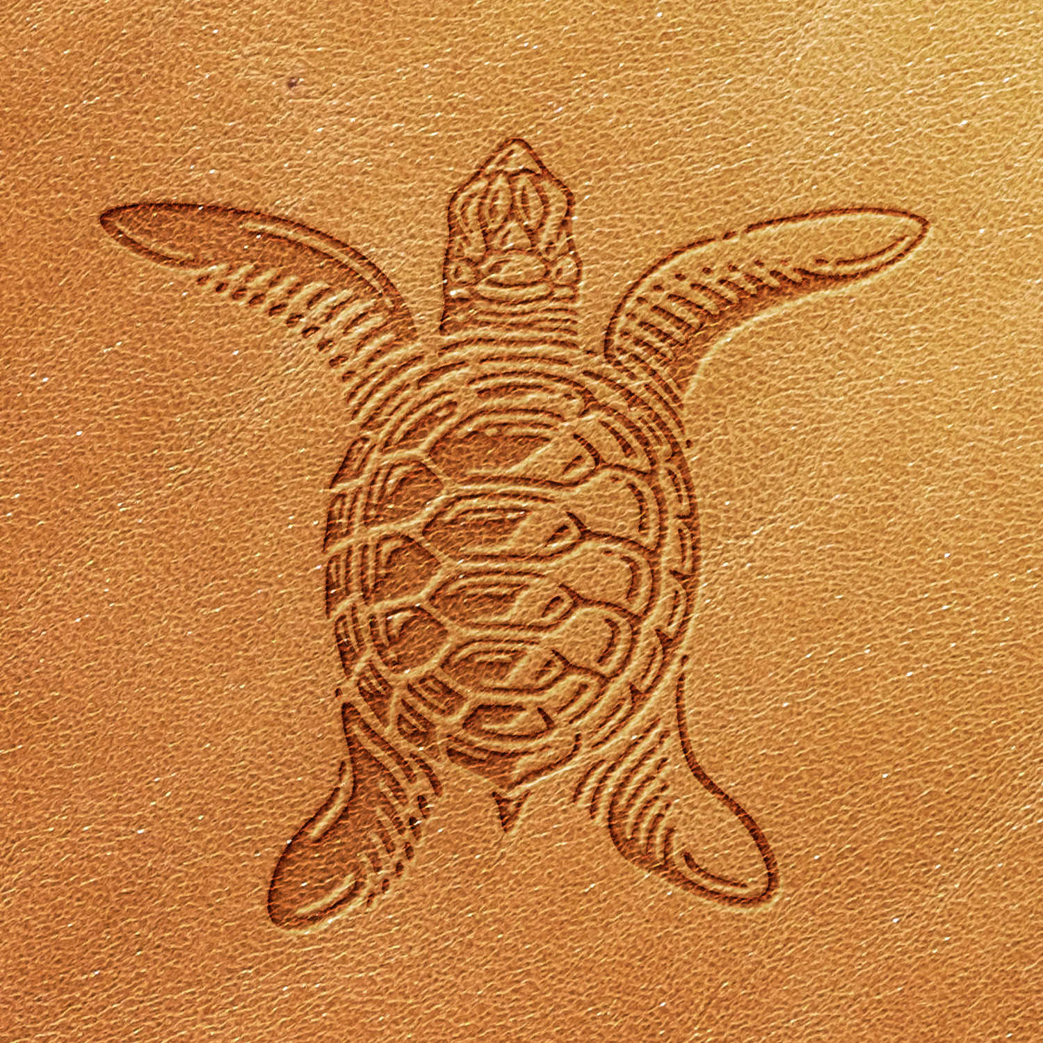 The Turtle Delrin Leather Stamp leaves a meticulously detailed imprint of a sea turtle, depicted from an overhead perspective with its head, flippers, and intricate shell pattern all clearly visible. The leather surface features a light brown hue and boasts a textured finish.