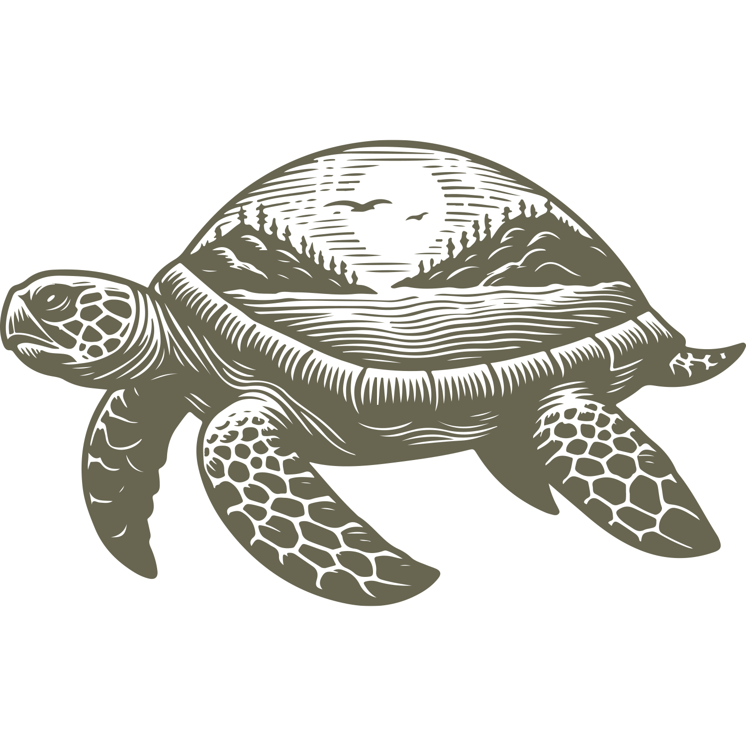 Delrin leather stamp design of a sea turtle with an ocean and mountain landscape on its shell, featuring a rising sun with birds.