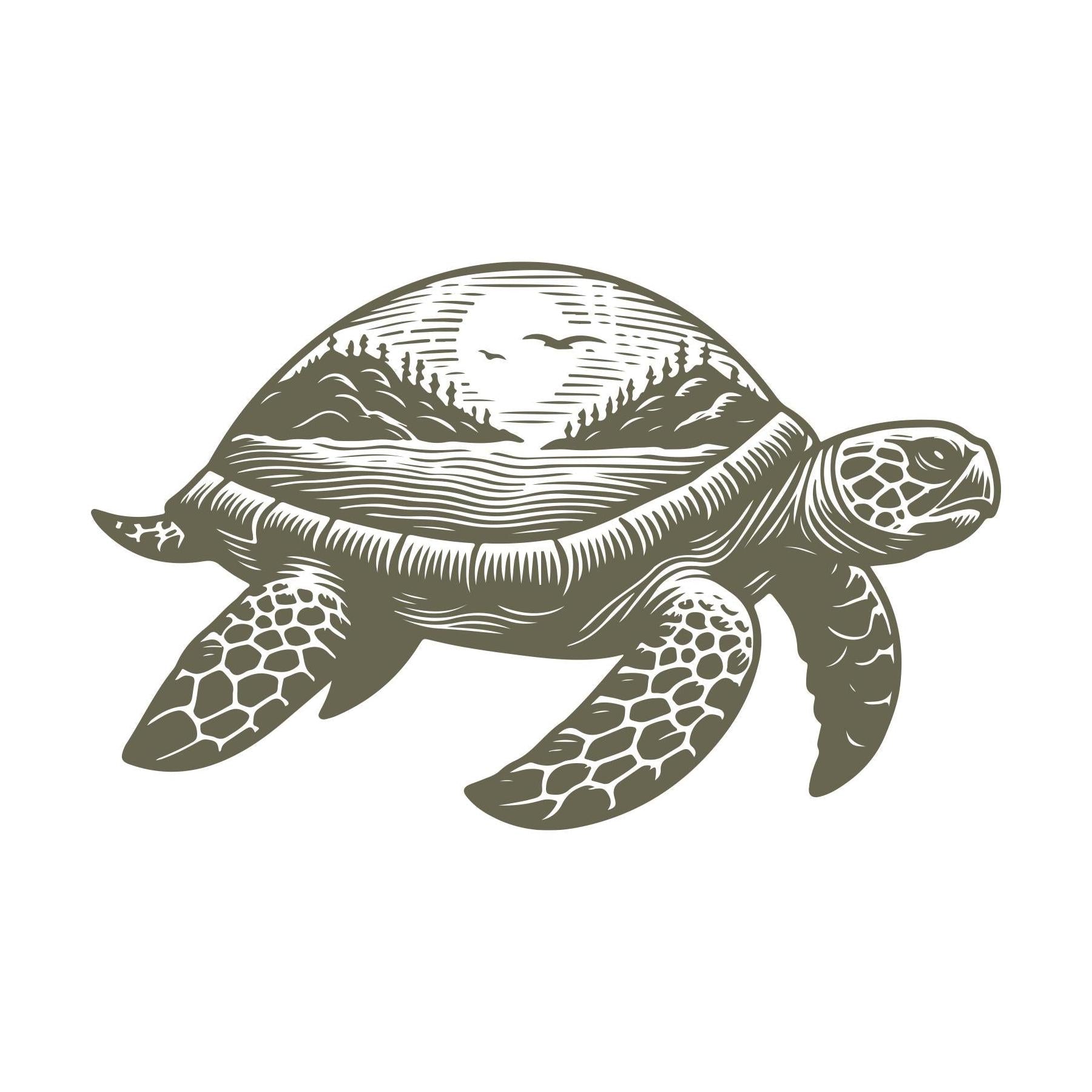 Delrin leather stamp design of a sea turtle with an ocean and mountain landscape on its shell, featuring a rising sun with birds.