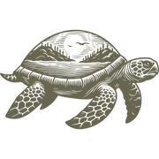 Delrin leather stamp design of a sea turtle with an ocean and mountain landscape on its shell, featuring a rising sun with birds.