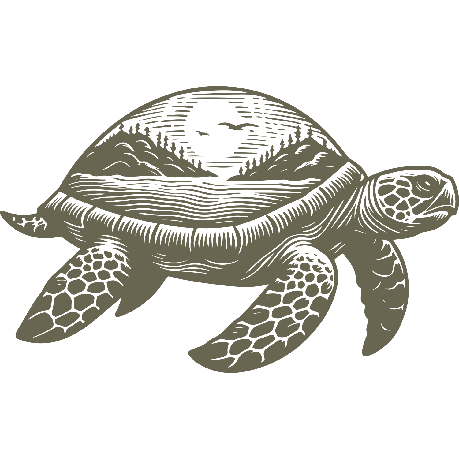 Delrin leather stamp design of a sea turtle with an ocean and mountain landscape on its shell, featuring a rising sun with birds.