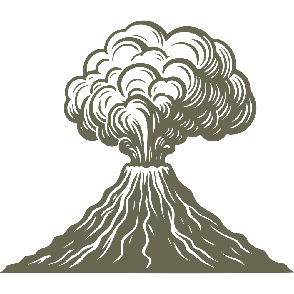 Volcano eruption design with swirling clouds and flowing lava.