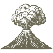 Volcano eruption design with swirling clouds and flowing lava.