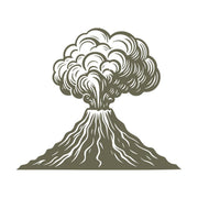 Volcano eruption design with swirling clouds and flowing lava.