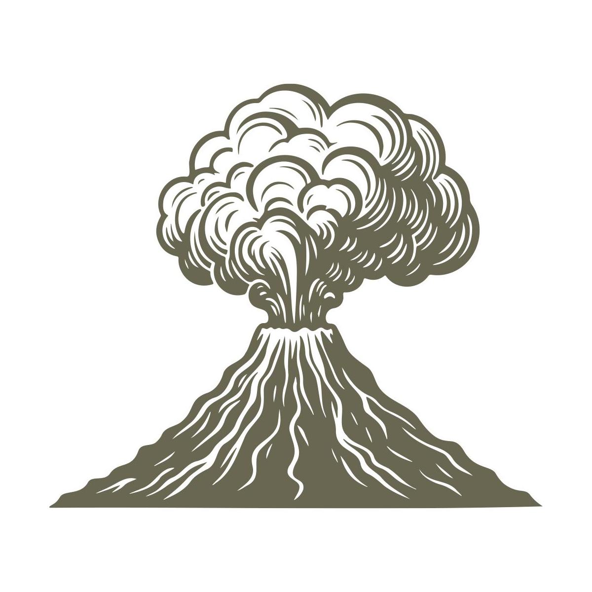 Volcano eruption design with swirling clouds and flowing lava.