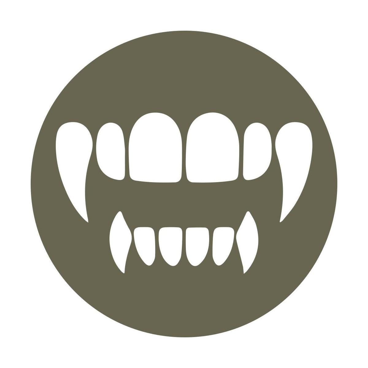 A solid dark olive green background fills the entire image, characterized by an even, untextured shade of green throughout. No patterns or designs are present, creating a uniform backdrop that highlights the intricacies of the Vampire Teeth Delrin Leather Stamp.