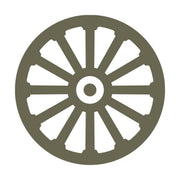 Classic wagon wheel design featuring a circular frame, central hub, and evenly spaced spokes.