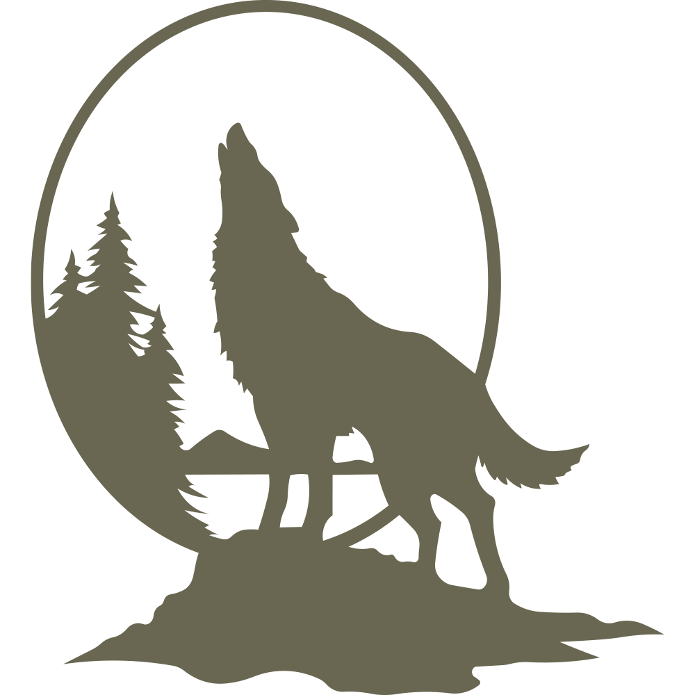 Howling wolf silhouette framed by trees and a full moon, evoking a wild and rustic feel.