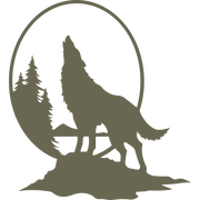 Howling wolf silhouette framed by trees and a full moon, evoking a wild and rustic feel.