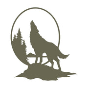 Howling wolf silhouette framed by trees and a full moon, evoking a wild and rustic feel.