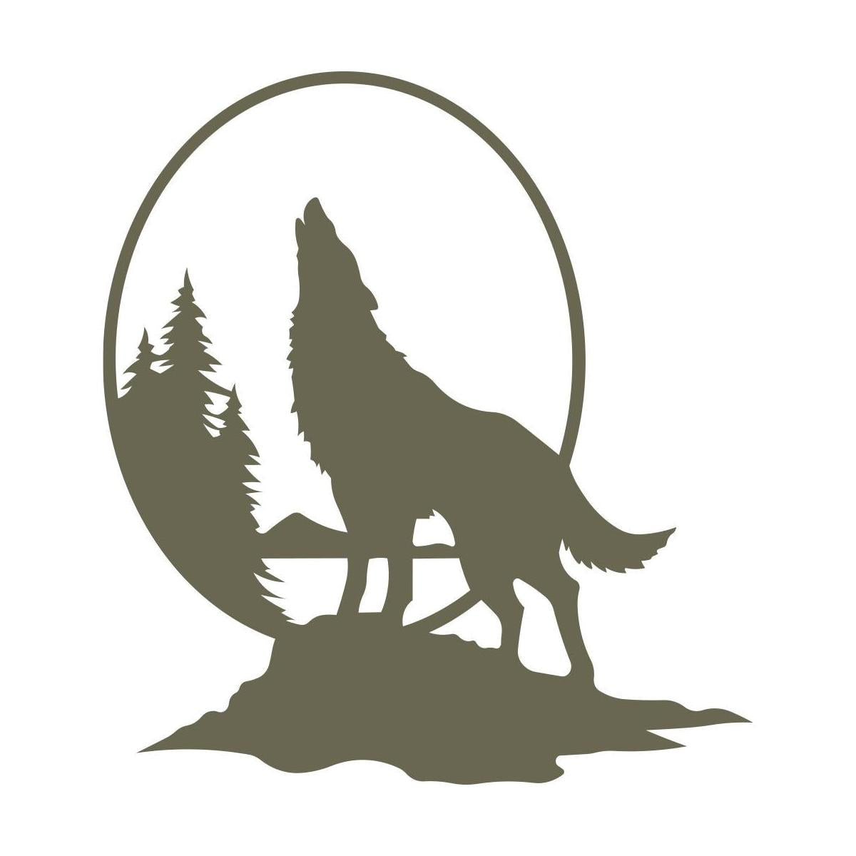 Howling wolf silhouette framed by trees and a full moon, evoking a wild and rustic feel.