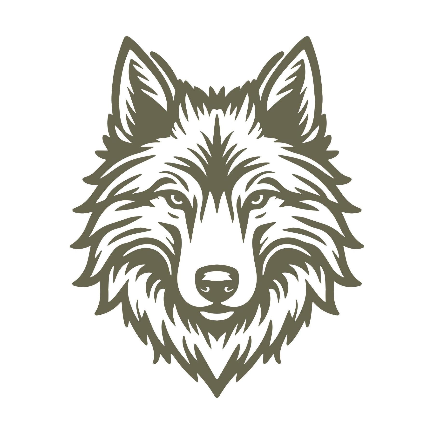 Illustration of a detailed wolf face designed for a Delrin leather stamp.