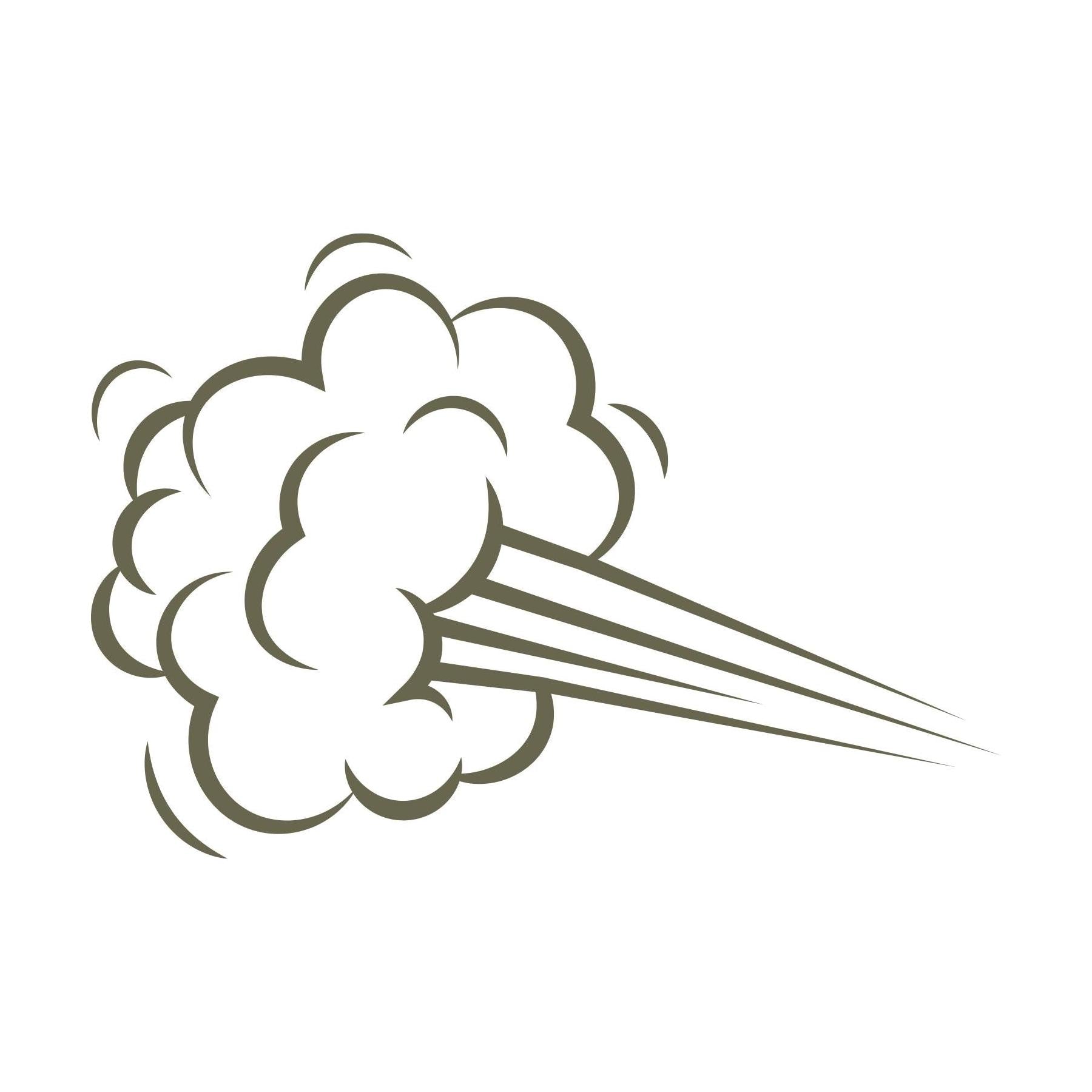 Cartoon-style wind burst with swirling cloud puffs and sharp motion lines—designed for Delrin leather stamping.