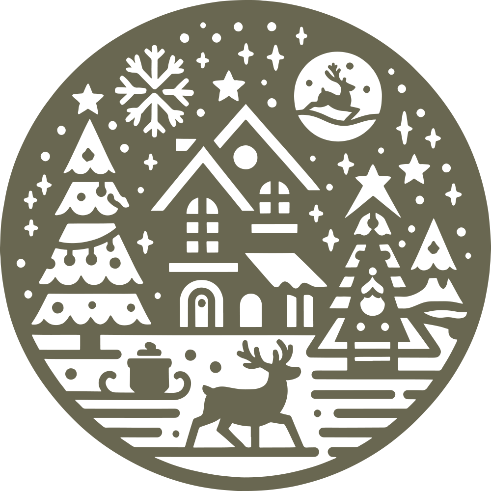 Festive winter scene design featuring a cozy house, decorated trees, a reindeer, and Santa flying across the moon in a circular composition.