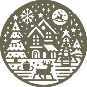 Festive winter scene design featuring a cozy house, decorated trees, a reindeer, and Santa flying across the moon in a circular composition.