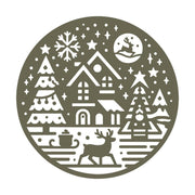 Festive winter scene design featuring a cozy house, decorated trees, a reindeer, and Santa flying across the moon in a circular composition.