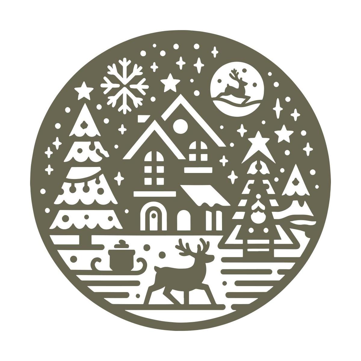 Festive winter scene design featuring a cozy house, decorated trees, a reindeer, and Santa flying across the moon in a circular composition.