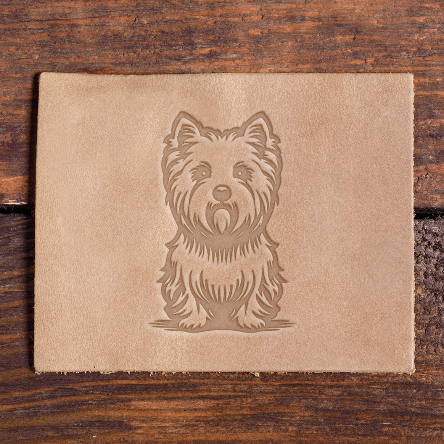West Highland White Terrier sitting design stamped into leather using a Delrin stamp.