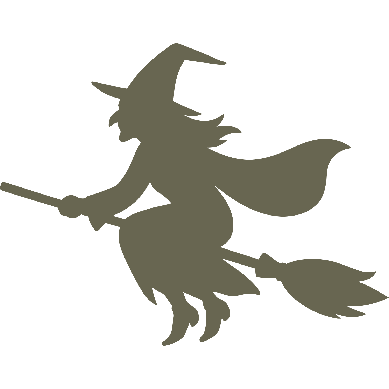 Delrin leather stamp design of a flying witch wearing a pointed hat and cape, riding a broomstick through the air.
