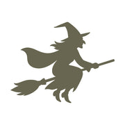 Delrin leather stamp design of a flying witch wearing a pointed hat and cape, riding a broomstick through the air.