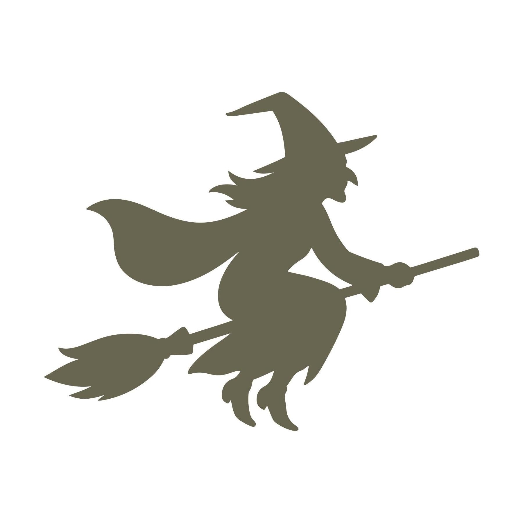 Delrin leather stamp design of a flying witch wearing a pointed hat and cape, riding a broomstick through the air.
