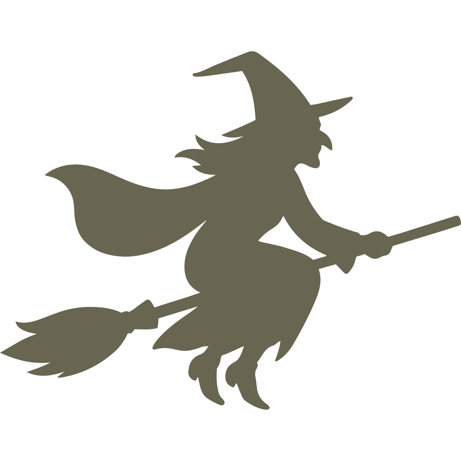 Delrin leather stamp design of a flying witch wearing a pointed hat and cape, riding a broomstick through the air.