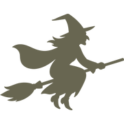 Delrin leather stamp design of a flying witch wearing a pointed hat and cape, riding a broomstick through the air.