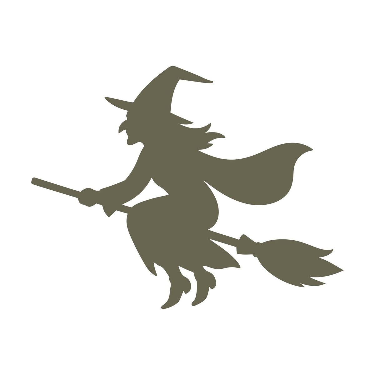 Delrin leather stamp design of a flying witch wearing a pointed hat and cape, riding a broomstick through the air.