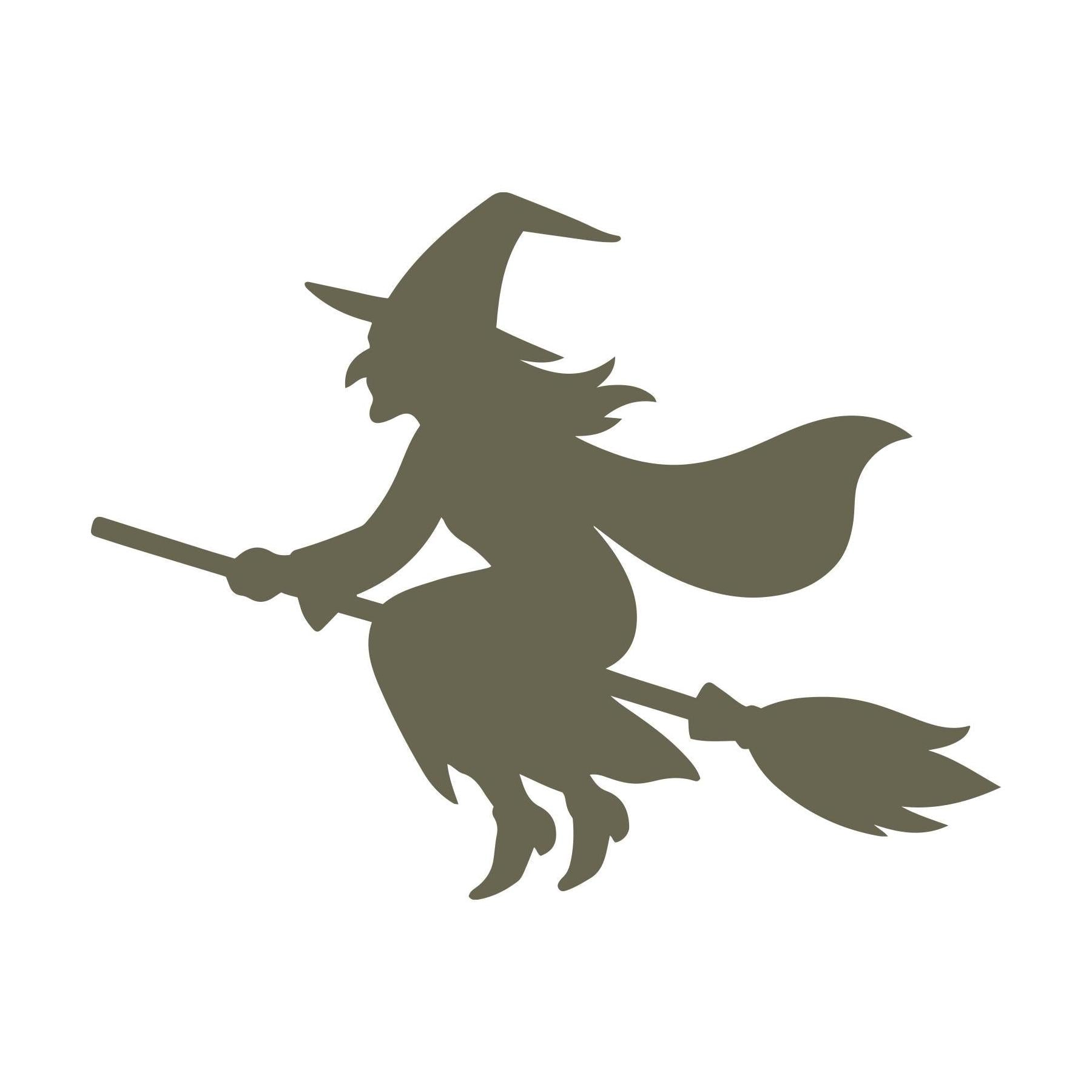 Delrin leather stamp design of a flying witch wearing a pointed hat and cape, riding a broomstick through the air.