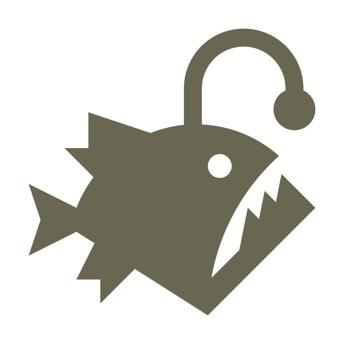 Delrin leather stamp design of an angler fish with a glowing lure and sharp fins, shown stamped into natural veg-tan leather.