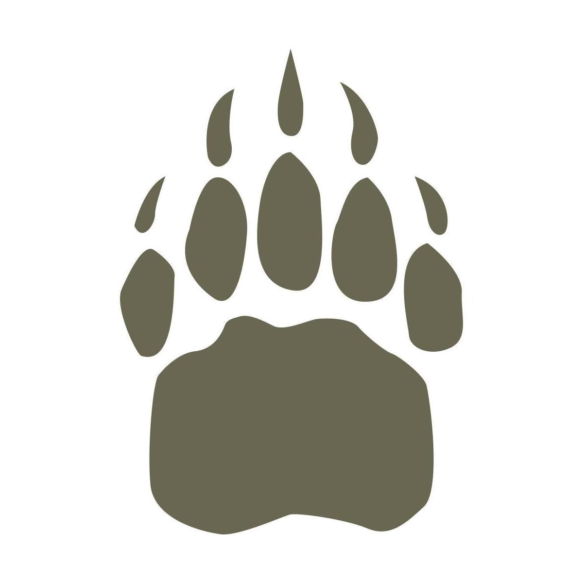 Silhouette illustration of a bear paw print with large pad and claw marks, designed for use as a Delrin leather stamp.
