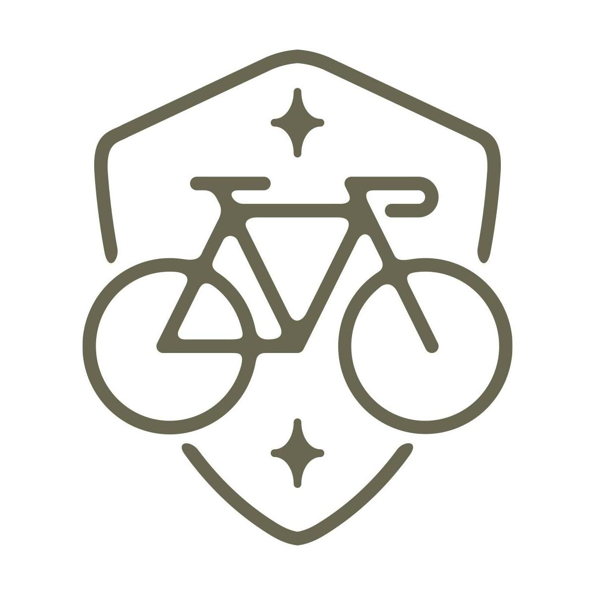 Modern bicycle emblem design featuring a sleek road bike within a shield frame, accented with decorative star details.