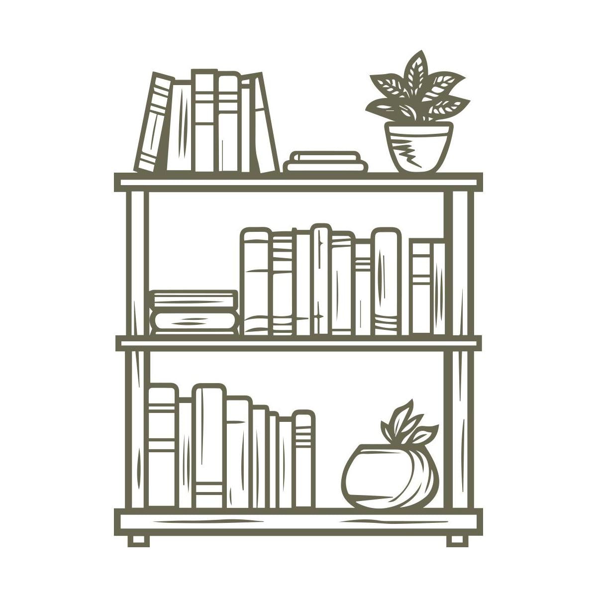 Detailed bookshelf design featuring stacked books, decorative plants, and a cozy aesthetic—perfect for book lovers, libraries, and literary-themed projects.