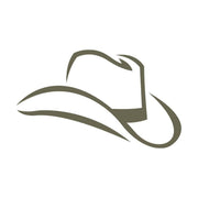 Simple line illustration of a cowboy hat with curved brim and crown, designed for use as a Delrin leather stamp.