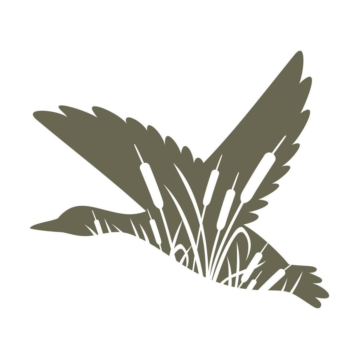 Flying duck silhouette with detailed cattail reeds integrated into the wing design, capturing the essence of wetland wildlife.