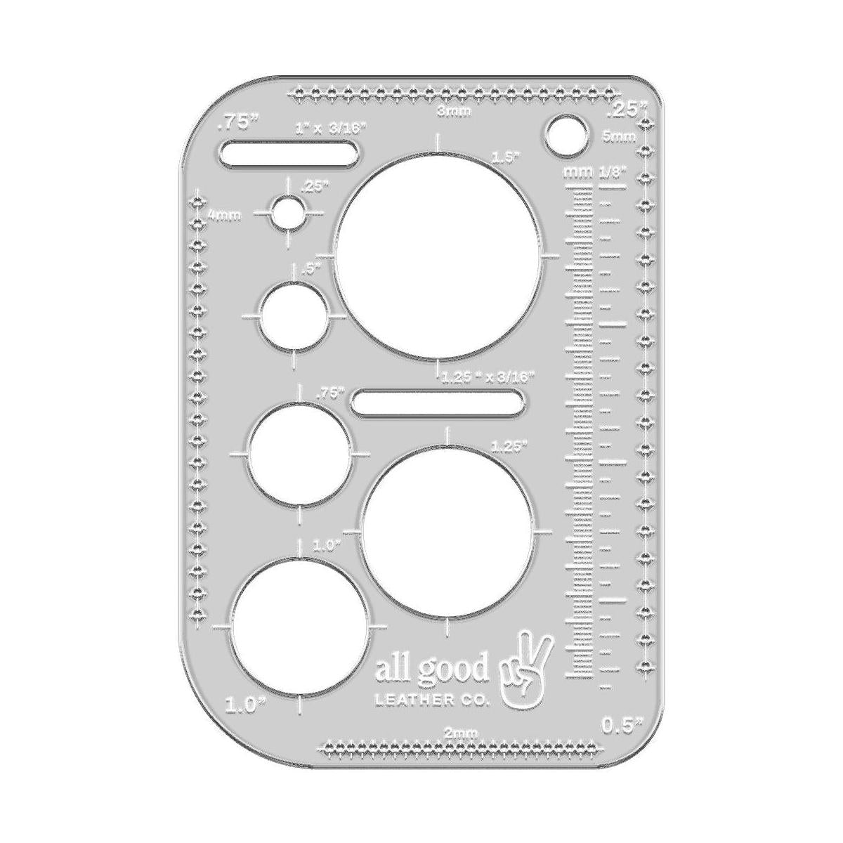 Full size leatherworking multi-tool made from clear acrylic with rulers, circle stencils, and essential marking guides