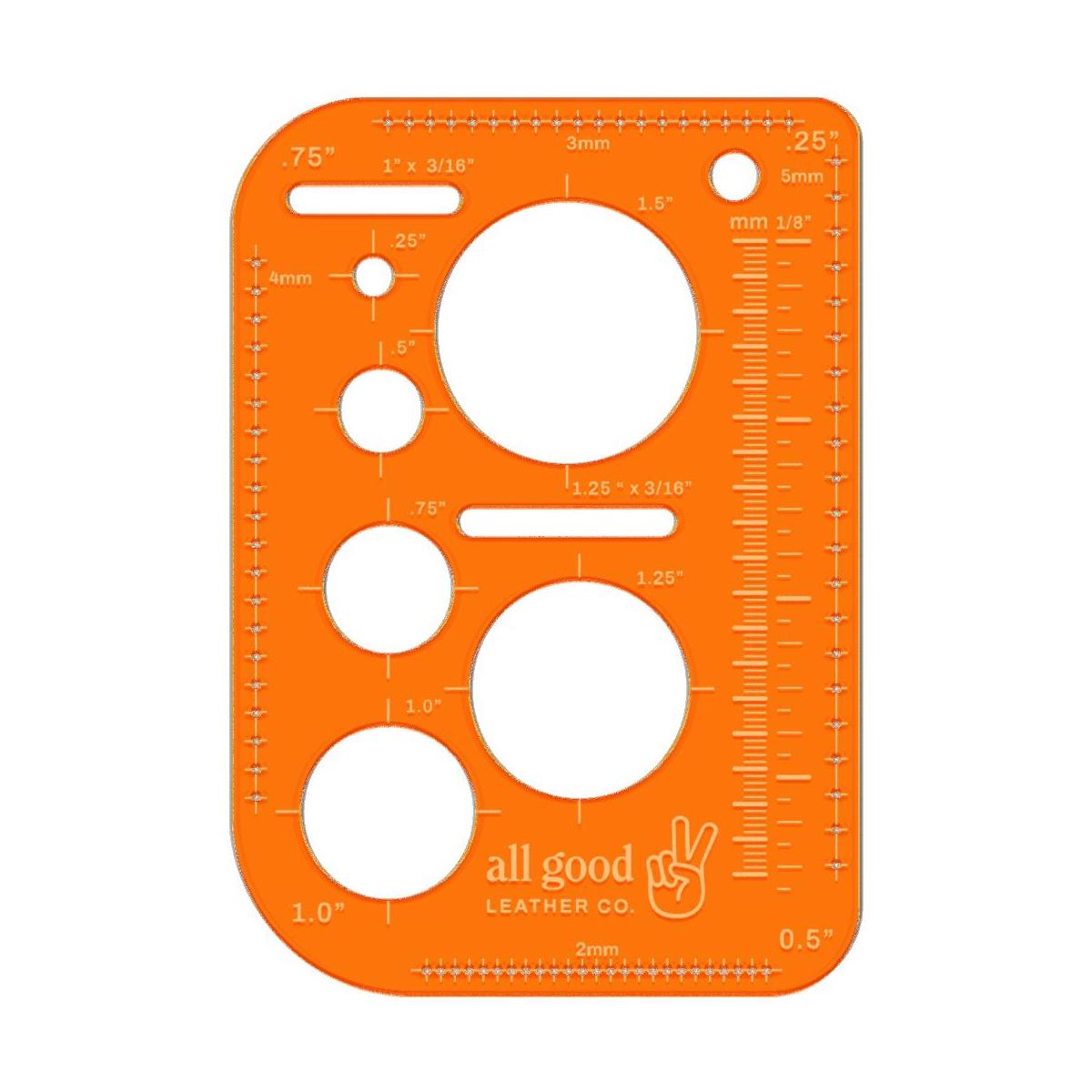 Full size leatherworking multi-tool made from fluorescent orange acrylic with rulers, circle stencils, and essential marking guides