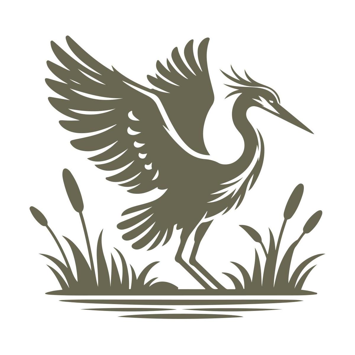 Graceful great blue heron design with outstretched wings, standing among cattail reeds, capturing the elegance of wetland wildlife.