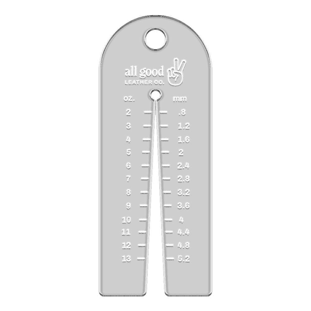 Clear acrylic leather thickness gauge tool with millimeter and ounce markings