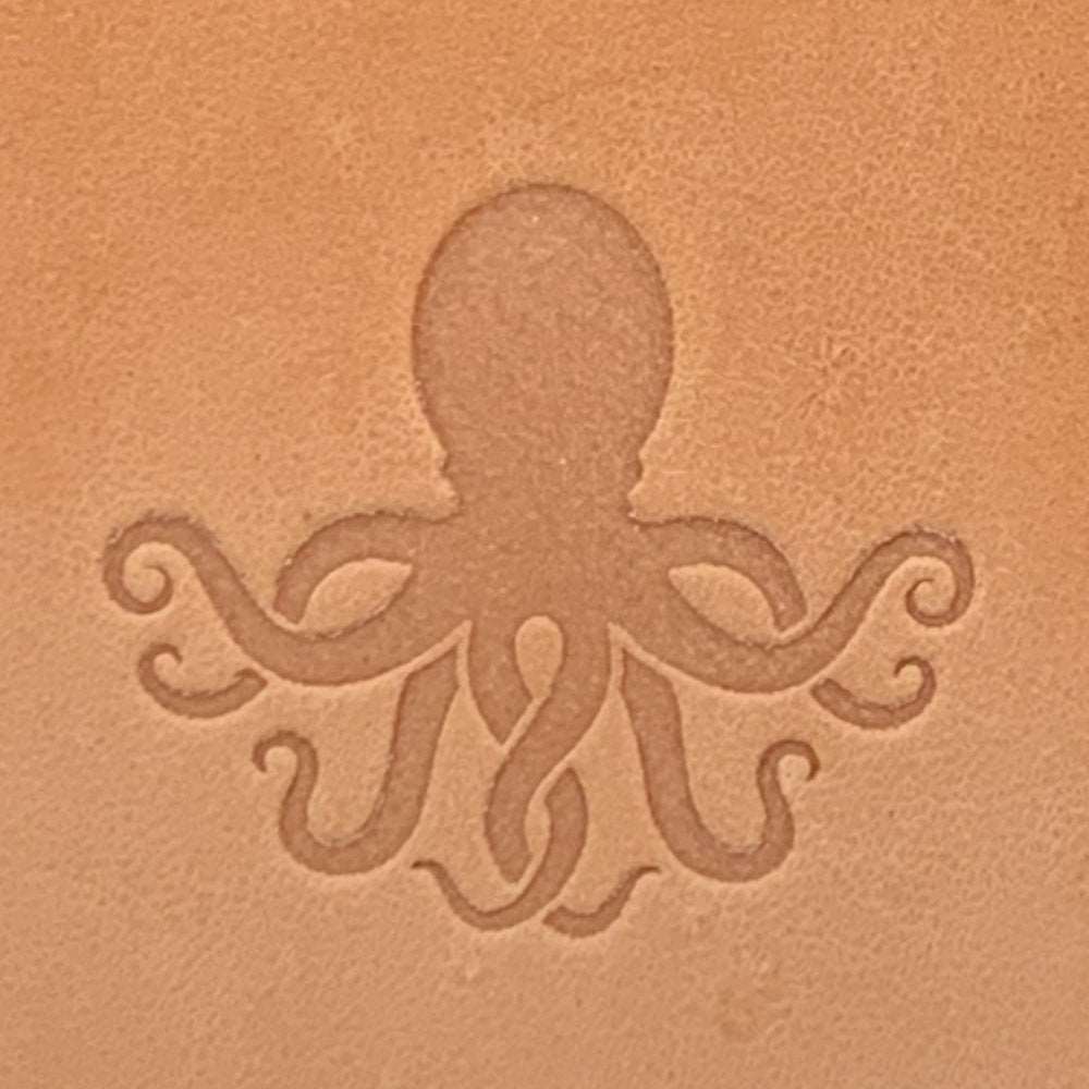 Delrin leather stamp featuring an octopus design stamped into vegetable-tanned leather.