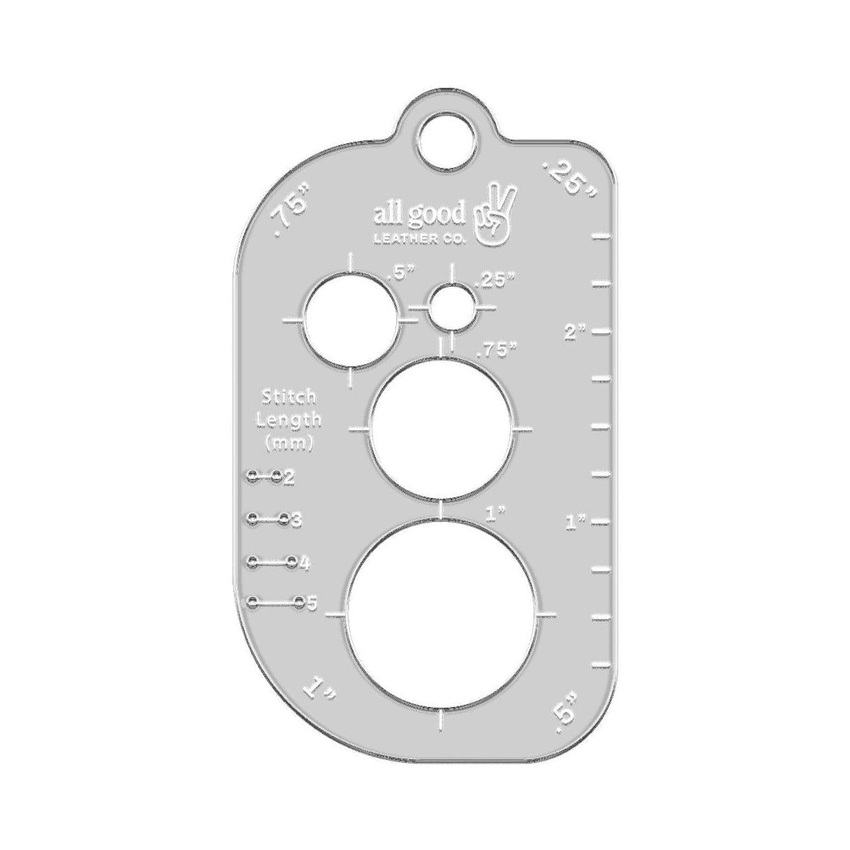 Pocket size leatherworking multi-tool made from clear acrylic with rulers, circle stencils, and layout guides