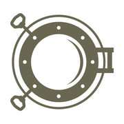 Nautical porthole design with a circular frame, rivets, and handle details, evoking the classic look of ship windows.
