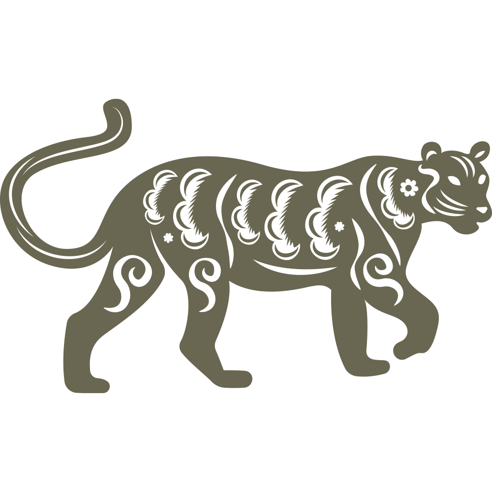 A simple, minimalistic depiction of a tiger in a khaki color. The tiger features striking stripes, a strong posture, and intense eyes that embody the essence of the Chinese Zodiac. The design is flat with no additional details or background elements, perfect for use as a Delrin leather stamp.