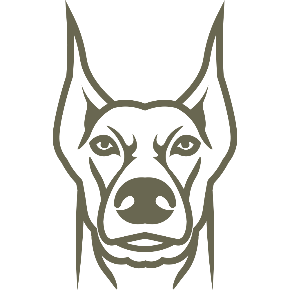 The image depicts a silhouette of a Doberman Pinscher Dog Delrin Leather Stamp with distinct features such as pointed ears and a sleek body. The design is minimalistic, lacking intricate details, which offers a straightforward representation of the breed. The background is a plain, solid color.